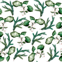 Traditional Christmas and New year's floral elements isolated on white background. Hand painted snow berries and spruce branches on seamless pattern for tablecloth, interior design, home textile