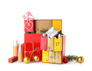 Red advent calendar with cosmetics, gifts and Christmas decor on white background