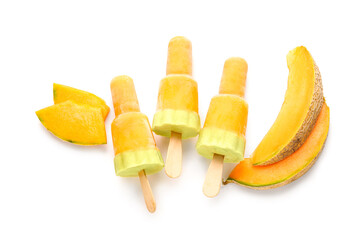 Tasty melon popsicles on white background