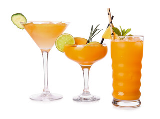 Glasses with different melon cocktails isolated on white background
