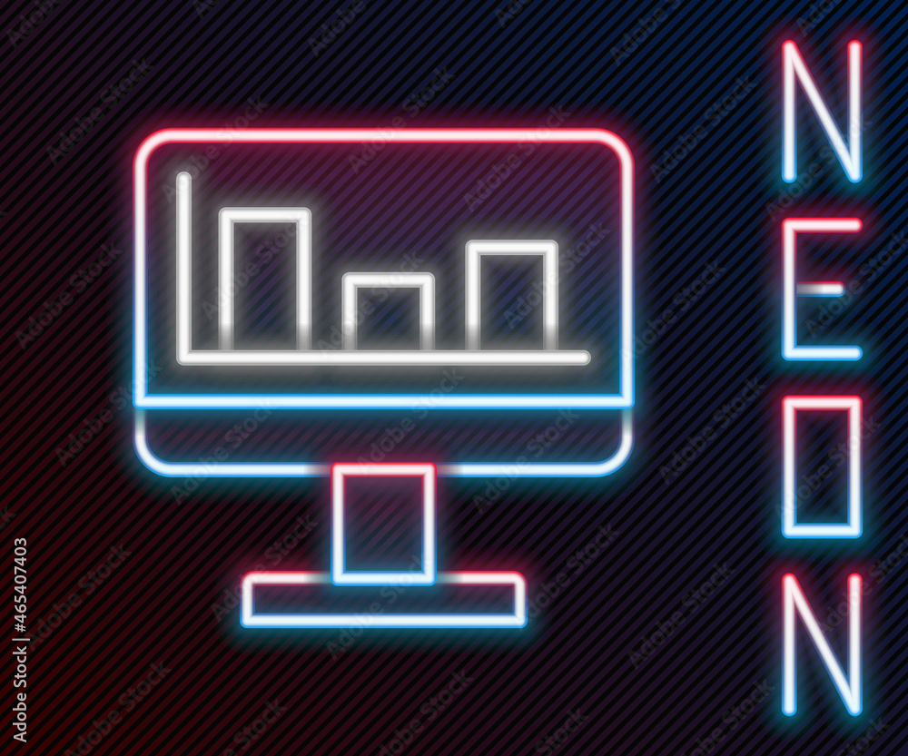 Poster glowing neon line computer monitor with graph chart icon isolated on black background. report text f