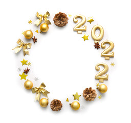 Frame made of Christmas decorations, pine cones and figure 2022 on white background