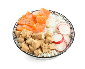 Tasty poke bowl with salmon and tofu cheese on white background