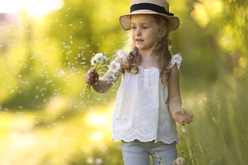 summer portrait of a little beautiful curly girl in a straw hat blowing dandelions. allergy free...