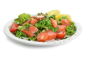 Fresh salad with fish and lemon on white background