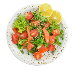 Tasty salad with fish and lemon on white background