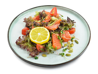 Plate with delicious salad with fish on white background