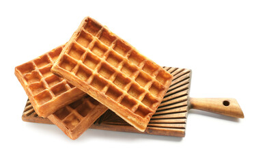 Board with tasty Belgian waffles on white background
