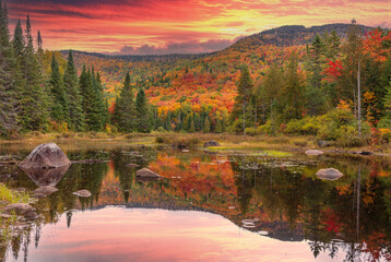 Mount Kaaikop in the background with Lac Legault showing the Autumn fall colors in the water reflection, Quebec, Canada. - 465409439