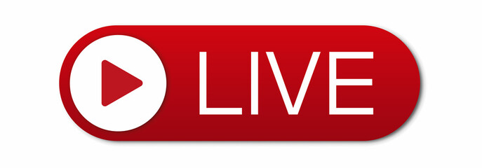 Red live button on a white background. Live symbol, badge, sign, label, sticker template. Social media concept. Vector illustration