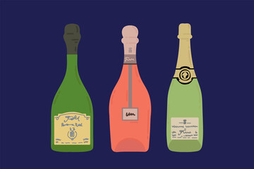 A set of Champagne bottles. Beautiful vessels with different sparkling wine. For a beautiful menu design or a bar map. Vector illustration