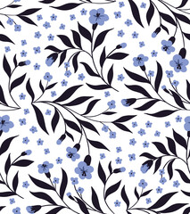 Cute floral pattern in country style. Seamless pattern with simple blue flowers on twigs, dark leaves. White background, vector.