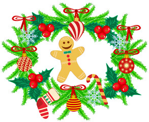 Wreath for the holiday, christmas, new year, spruce branches, christmas decorations, room decoration, illustration for printing, for fabric and paper