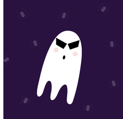 Happy Halloween greeting card vector illustration, Boo! with flying ghost and spider web on orange background.	