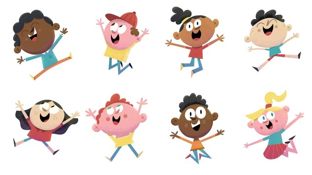Happy Diverse Kids Boys and Girls Jumping Inclusive Cartoon Children