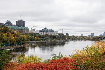 Panoramic view of Ottawa River and Gatineau city of Quebec in Canada. Portage Bridge between two provinces. View from Major's Hill Park in autumn season.