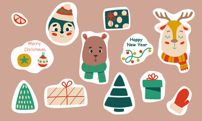 Cute set of New Year stickers on a brown background. Stock vector illustration