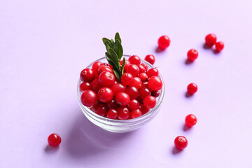 Bowl of lingonberry on color background