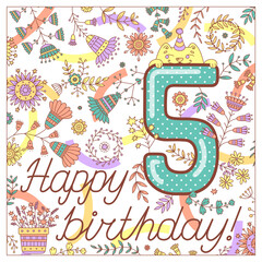 Birthday greeting card. Happy birthday card for children. Vector illustration for kids.