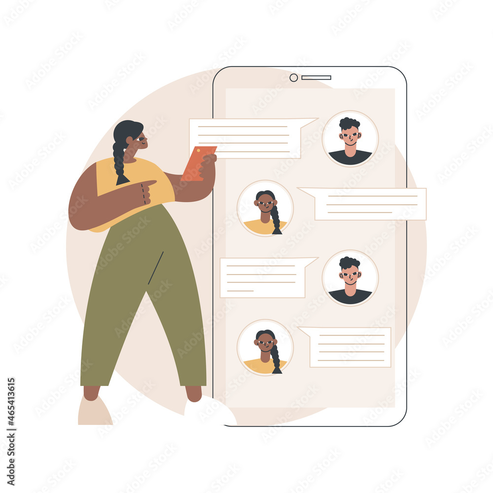 Aufkleber messaging application abstract concept vector illustration. texting desktop application, mobile phon
