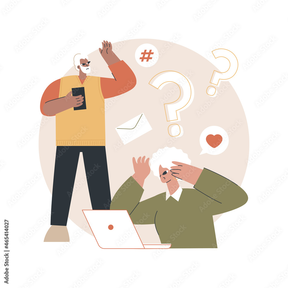 Aufkleber low-technical communication abstract concept vector illustration. trouble with using technology, spe