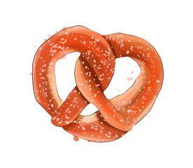 Pretzel from multicolored paints. Splash of watercolor, colored drawing, realistic