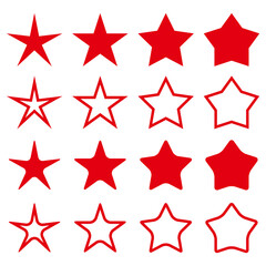 Star shapes collection. Simple silhouetes and outline red stars. Pentogram design elements set. Vector illustration isolated on white.