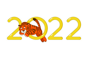 The tiger jumps through the number «zero» in the inscription «2022» like а hoop. Chinese calendar year mascot. Vector illustration isolated on white background for New Year's design.