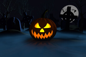 3D image. Helloween pumpkin in the cemetery. Helloween celebration. Helloween party. 3D rendering