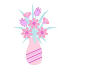 Flowers in a vase, illustration of pink color, on a white background, a pattern for a postcard, for printing on fabric and paper