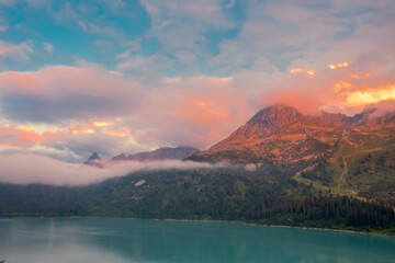 Sunset at mountain lake