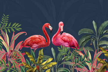 Tropical Leaf Mural. Photo Wallpaper. Wall Art decor for Bedroom Murals Wall Paper. Drawing with tropical leaves and pink flamingos. - obrazy, fototapety, plakaty