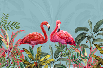 Tropical Leaf Mural. Photo Wallpaper. Wall Art decor for Bedroom Murals Wall Paper. Drawing with tropical leaves and pink flamingos. - obrazy, fototapety, plakaty