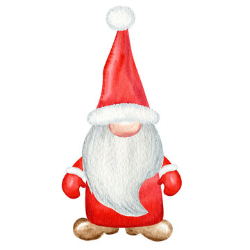 Watercolor Christmas gnome, Red Santa Claus Hand painted New year illustration isolated on white background. Little santa for new year tag, package, card, xmas decor, poster