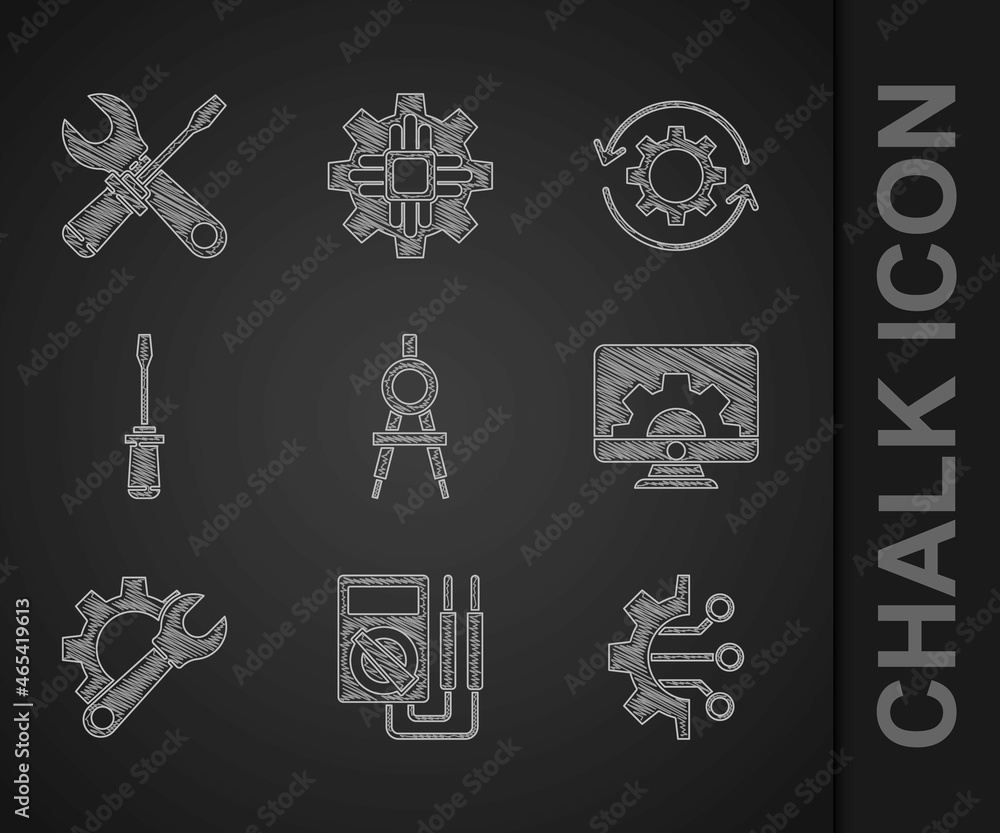 Poster set drawing compass, multimeter, algorithm, computer monitor and gear, wrench spanner, screwdriver, 