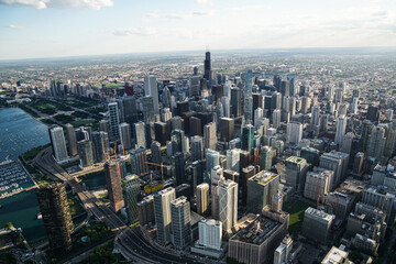 skyline of downtown chicago from a helicopter view