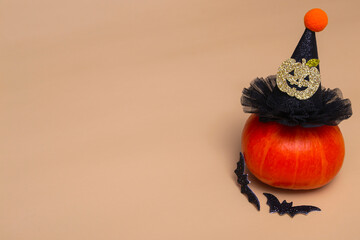 Halloween concept pumpkin with a witch hat, and bats on a colored background. Halloween October 31