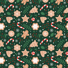Gingerbread seamless pattern. Festive background with cookies, candies, leaves and berries.