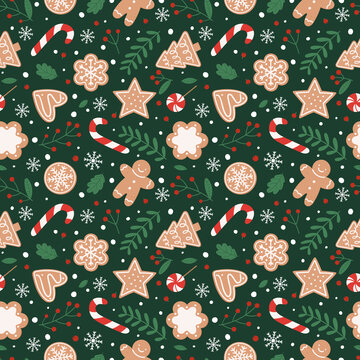 Gingerbread seamless pattern. Festive background with cookies, candies, leaves and berries.