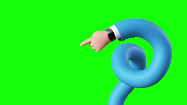 set of 3d animations isolated on green background, animated businessman cartoon character flexible hands appearing. Pointing finger and thumb up like gesture