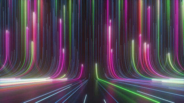 3d animation, abstract background with stream of neon lines leaving glowing tracks. Colorful spectrum laser rays sliding and going up