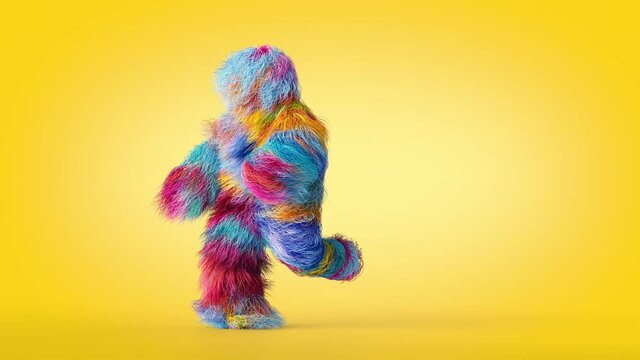 looping 3d animation, dancing colorful hairy monster, funny mascot having fun, furry toy isolated on yellow background