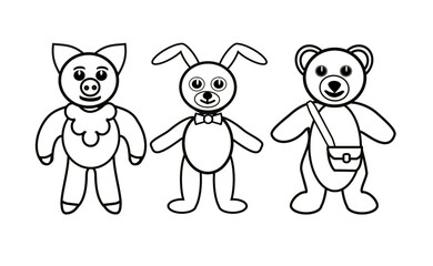 Fototapeta premium Bear, hare, pig, animal characters, black and white illustration, for design, coloring, print