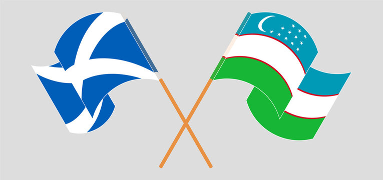 Crossed and waving flags of Scotland and Uzbekistan