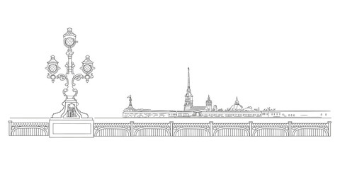 Trinity Bridge and Peter and Paul Fortress. The attraction of Saint Petersburg. Vector graphics panorama.