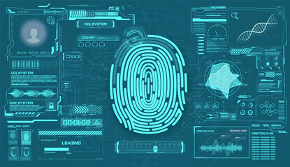 Fototapeta HUD, UI, GUI biometric access control interface. Concept of fingerprint technology identification. Futuristic sci-fi red interface, biometric authorization technology on tech background  obraz