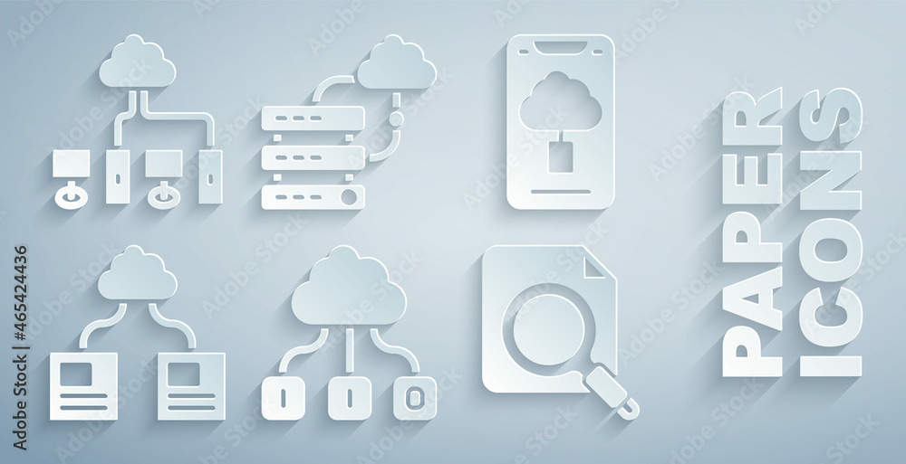 Poster set cloud technology data transfer, search concept with folder, network cloud connection and compute
