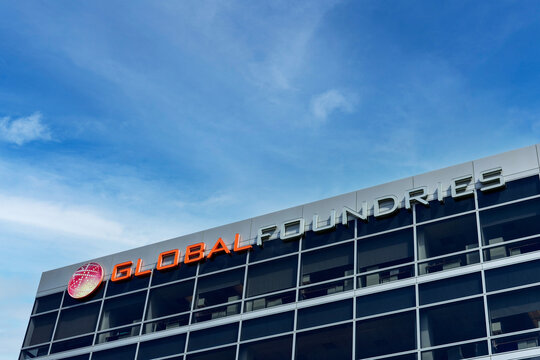 GlobalFoundries sign and logo on company headquarters building in modern office property in Silicon Valley - Santa Clara, California, USA - 2021