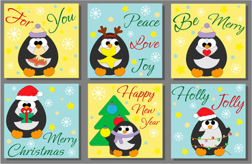 Set Christmas greeting postcard with character Penguin