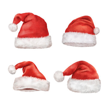 Watercolor santa claus red hats on white background. Watercolour Christmas season illustration